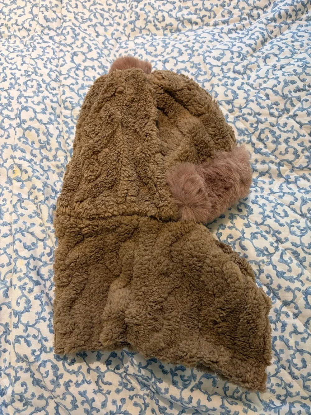 Brown Plush Balaclava Hood Scarf Combo with Faux Fur Accents